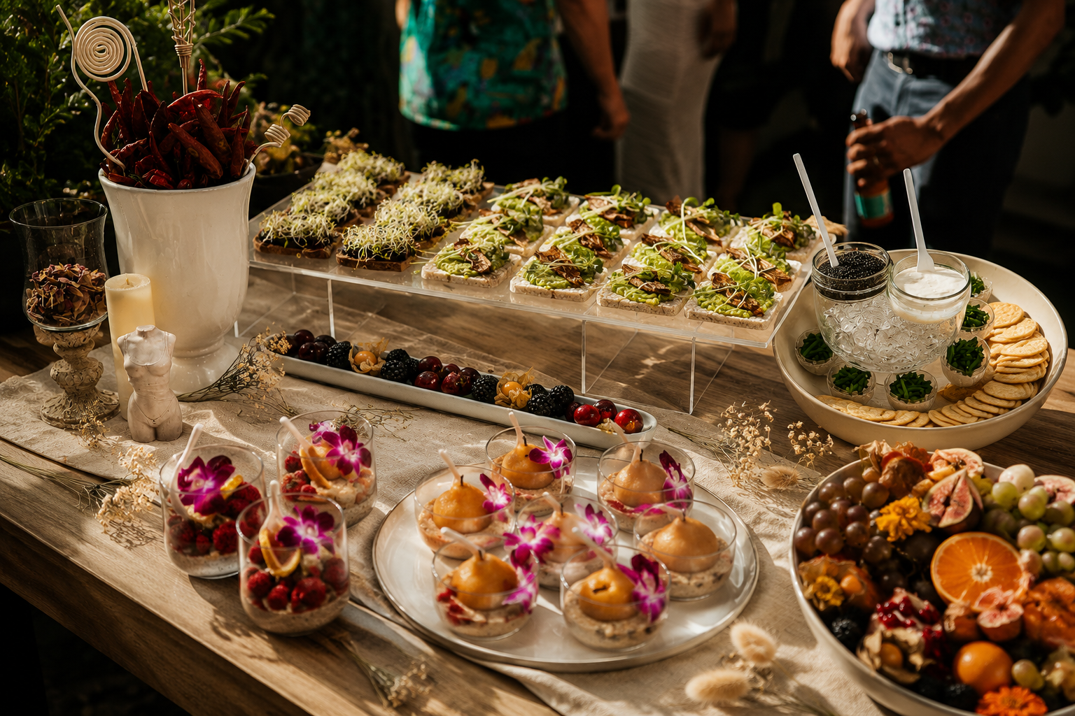 Gourmet food platter with various dishes on a wooden table.